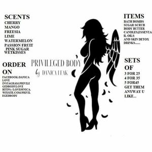 Body scrub, body butters, bath bombs,candles